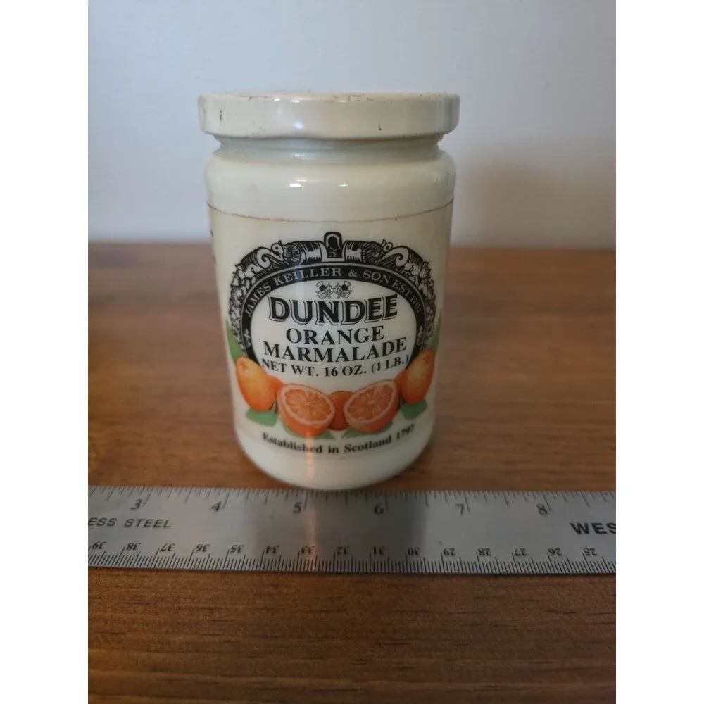 Vintage James Keiller Son Dundee Orange Marmalade Jar 16 oz Milk Glass White Lid